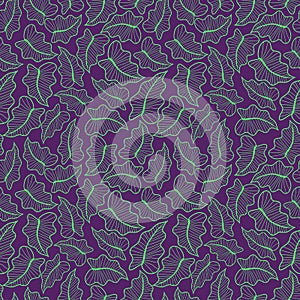 Green leaves on dark purple background. Seamless repeating background.
