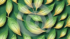 Green leaves in a decorative pattern on a textured gradient background.