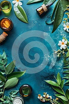 Green leaves and flowers with skincare products on blue background for spa concept