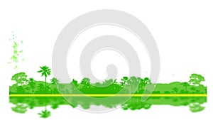 Green leaves flying and blur reflection on coast and forest hill background for banner youtune social media lyric title