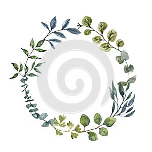 Green leaves and foliage wreath. Watercolor greenery frame, floral botanical invitation on white background