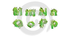 Green Leaves font. Vector illustration. Stylish eco alphabet from colorful tropical leaves, bushes, flowers and nature