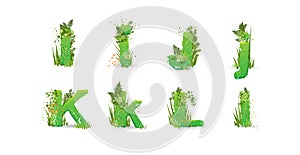 Green Leaves font. Vector illustration. Stylish eco alphabet from colorful tropical leaves, bushes, flowers and nature