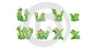 Green Leaves font. Vector illustration. Stylish eco alphabet from colorful tropical leaves, bushes, flowers and nature