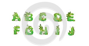 Green Leaves font. Vector illustration. Stylish eco alphabet from colorful tropical leaves, bushes, flowers and nature