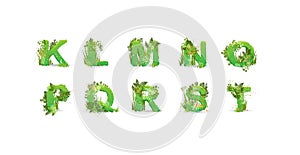 Green Leaves font. Vector illustration. Stylish eco alphabet from colorful tropical leaves, bushes, flowers and nature