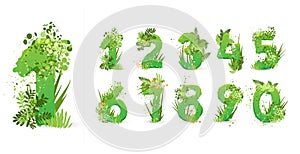 Green Leaves font. Vector illustration. Stylish eco alphabet from colorful tropical leaves, bushes, flowers and nature