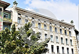 Green leaves in front of a historic building in Vienna. Blue sky with white clouds above.