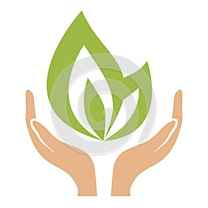 Green leaves in hands ecology vector illustration