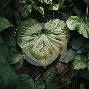 Green leaves with heart shape leaf, created using generative ai technology