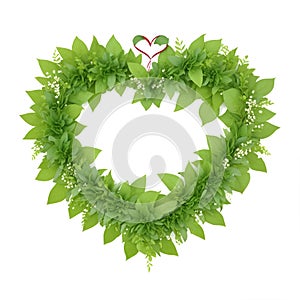 Green leaves Heart shaped frame on white background. Wedding floral invite, invitation card, save the date design. Botanical