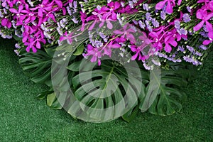 Green leaves of Monstera and fern foliage plants with pink violet orchids and purple aster flowers bunch floral