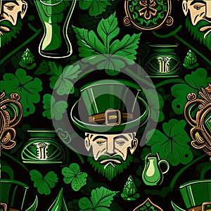 Green leaves mugs, hats as abstract background, wallpaper, banner, texture design with pattern - vector. Dark c