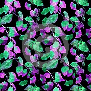 Green leaves in neon light. Seamless background for biology science. Watercolor