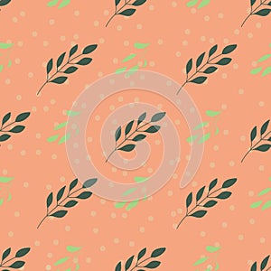 Green leaves on orange textured background seamless repeat.