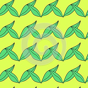 Green leaves of plants on a light green background. Vector seamless pattern. Background illustration, decorative design for fabric
