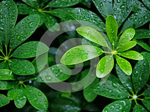 Green leaves with rain drops