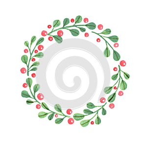 Green leaves with red berry wreath watercolor for decoration on Christmas holiday event