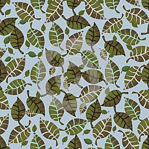 Green leaves seamless vector pattern on blue