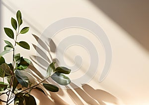 Green leaves shadows beige wall background template