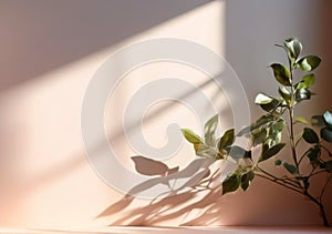 Green leaves shadows beige wall background template