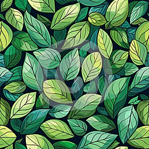 Green leaves texture. Floral tile, foliage background, plants seamless pattern, forest fresh textile print