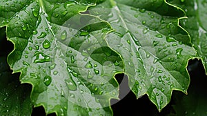 Green Leaves texture with water drops background. Beautiful bright fresh natural close-up of greens