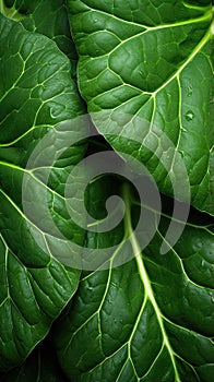 Green Leaves texture with water drops background. Beautiful bright fresh natural close-up of greens