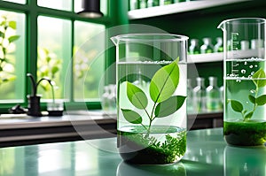 Green Leaves Thriving Within a Beaker Filled with Clear Water - Embodying Green Chemistry