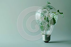 Green leaves thriving inside clear light bulb against pastel background symbolizing eco-friendly energy