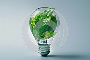 Green leaves thriving inside clear light bulb against pastel background symbolizing eco-friendly energy