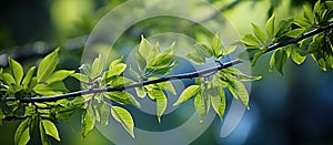 Green leaves on a tree branch in springtime. Nature background