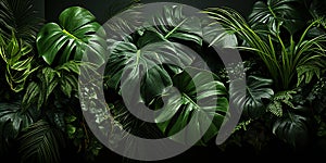 Green leaves of tropical plants floral arrangement indoor nature backdrop on black background