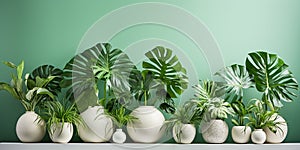 Green leaves of tropical plants - monstera, palm and ficus in pots on dark green backdrop. Banner