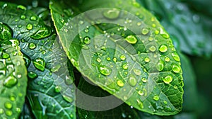 Green leaves with water droplets. Macro shot with a focus on detail and texture