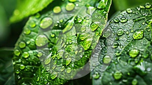 Green leaves with water droplets. Macro shot with a focus on detail and texture