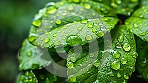 Green leaves with water droplets. Macro shot with a focus on detail and texture