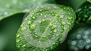 Green leaves with water droplets. Macro shot with a focus on detail and texture