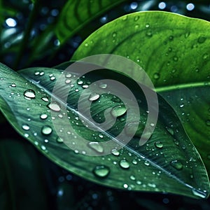 Green leaves and water drops. Background, texture. Square background. AI generative