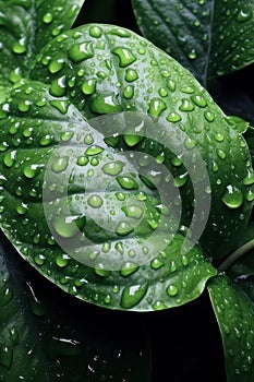 Green leaves and water drops. Background, texture. Vertical background. AI generative