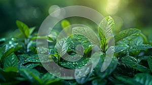 Green leaves with water drops in the morning. Nature background, soft focus