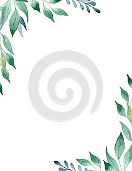 Green leaves watercolor hand drawn raster frame template