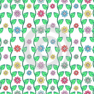 Green leaves on wavy stems and multi-colored flower buds with petals on white background seamless pattern, cartoon drawing.