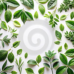Green leaves on white background as botanical frame flatlay, eco design and spring nature flat lay concept photo