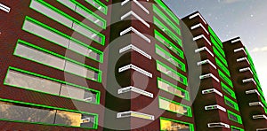 Green LED lighting of the windows looks nice on the apartment building facade at night. Good banner for real estate advertisement