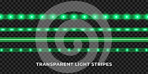 Green LED strips set. Colorful glowing illuminated tape decoration. Realistic neon lights