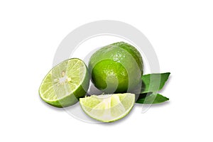 Green lemon with the leaves  isolated on white background