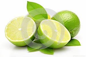 Green lemon with leaves isolated on white natural citrus fruit for health and cuisine