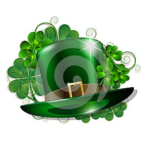 Green leprechaun hat with clover leaf isolated on white background.