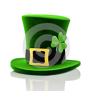 Green Leprechaun Hat With Clover St. Patrick`s Day 3D Illustration